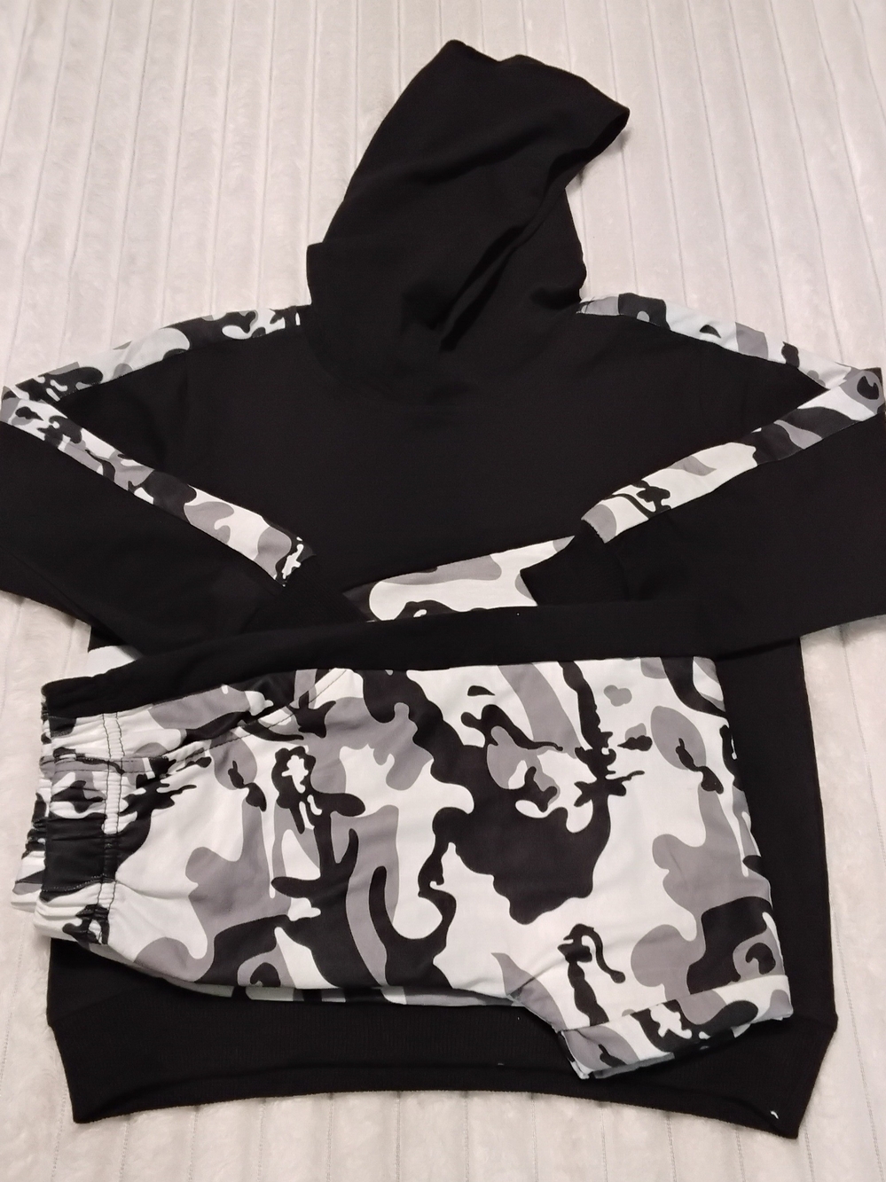 Men's Black Hoodie with Black & White Camo Panels